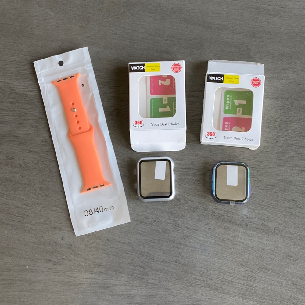 Apple Watch Tempered glass case silver /iridescent. Peach silicon watch band